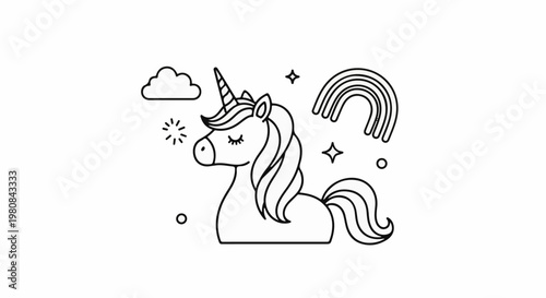 A whimsical line art illustration featuring a unicorn with a flowing mane and tail, rainbow, and stars
