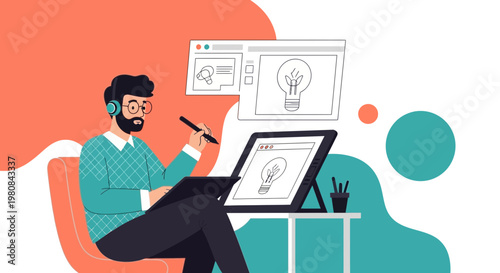 Graphic designer working on digital tablet with lightbulb idea concept illustration