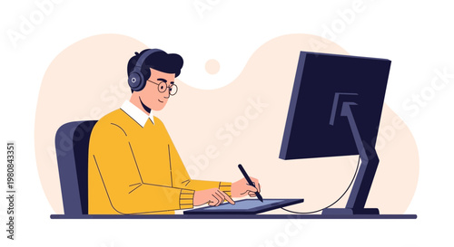 Graphic designer working on tablet with headphones and computer, creative workspace