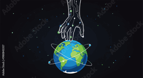A stylized hand with circuits touches the planet Earth, space