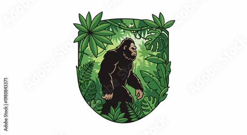 A stylized ape stands in a dense jungle setting, surrounded by lush foliage