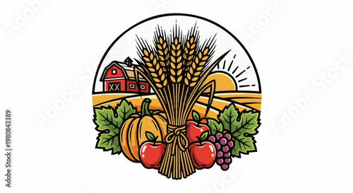 A vibrant harvest scene with a barn, sunrise, and abundant produce