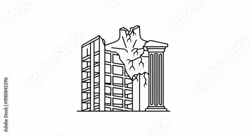 A stylized line art depiction of a damaged building with cracks and a broken pillar