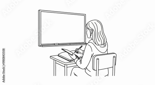 A student sits at a desk, writing in a notebook while facing a blank whiteboard