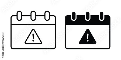 Calendar exclamation icon set vector symbol in black filled and stroke style