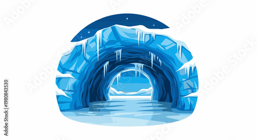 A stylized, blue icy cave entrance with icicles and a starry night sky