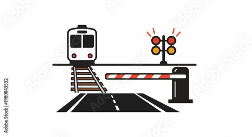 A train approaches a crossing with a barrier and flashing lights