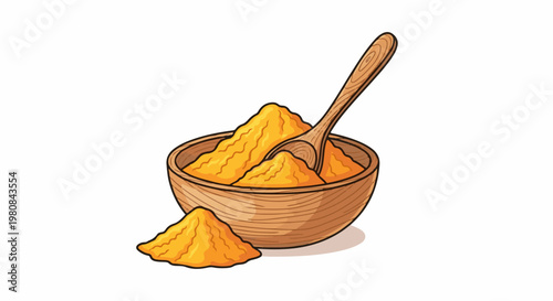 A wooden bowl filled with bright yellow powder and a spoon