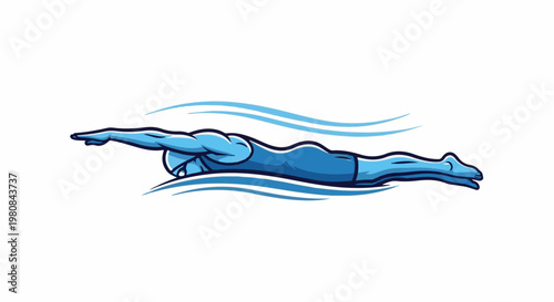 A stylized blue swimmer performs the butterfly stroke through waves