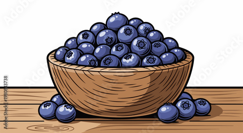 A wooden bowl overflowing with ripe blueberries rests on a rustic wooden surface