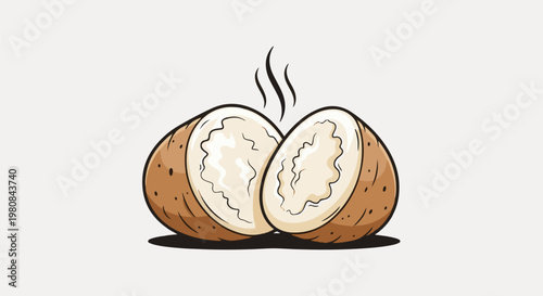 A stylized illustration of a coconut split in half, revealing its white flesh, with steam rising