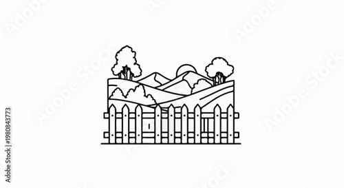 A stylized line drawing depicts a pastoral landscape with rolling hills, trees, and a picket fence