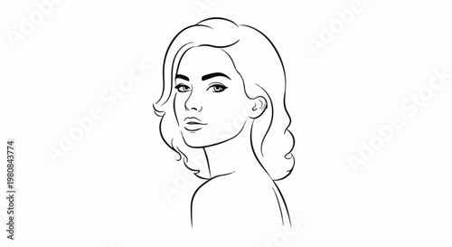 A striking black and white line drawing of a woman's face turned slightly away