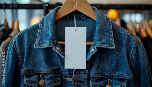 Denim jacket hangs on a wooden hanger with a blank rectangular retail price tag attached by a thin string, creating a versatile mockup for fashion brand identity and clothing store marketing.