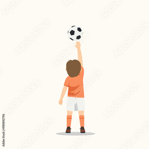 illustration of a child raising a soccer ball toward the sky, back view, symbolizing dreams of becoming a footballer