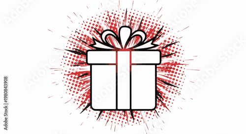 A white gift box with a red bow bursts with energy on a dotted background