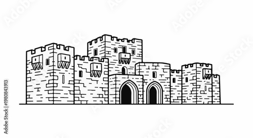 A stone fortress with battlements and arched entrances, drawn in black and white