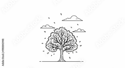 A stylized line drawing of a deciduous tree with falling leaves and scattered clouds