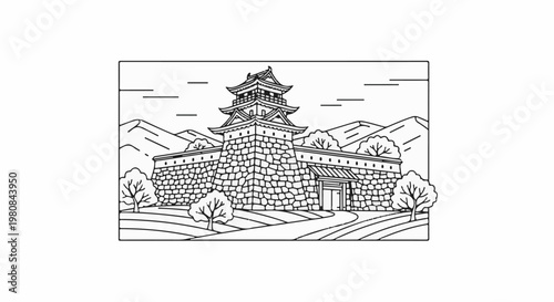 A stone castle with tiered roofs stands majestically behind a fortified wall