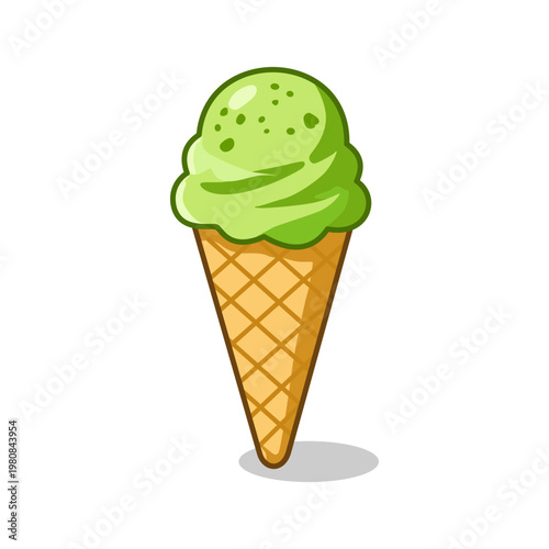 Delicious matcha green tea flavored desserts ice cream illustration. Matcha cone ice cream isolated.