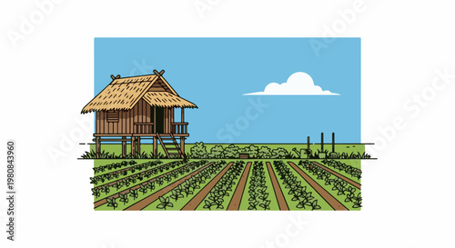 A stilted hut overlooks neat rows of crops under a blue sky