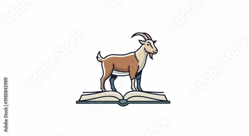 A stylized brown goat stands atop an open book on a white background