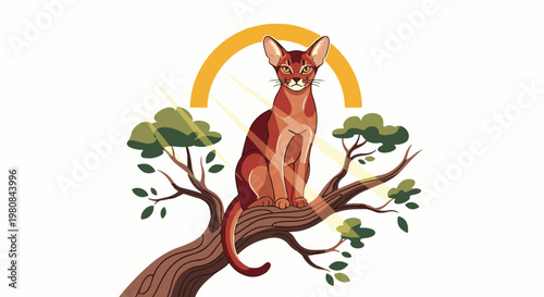 A stylized brown cat sits serenely on a tree branch under a golden arch