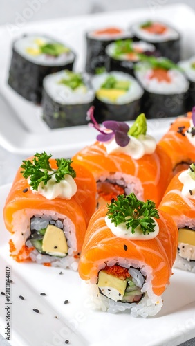 A mouth-watering close-up of sushi rolls on a white plate