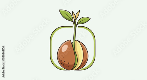 A stylized brown seed sprouts green leaves and shoots in an oval frame