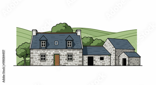 A stone cottage with outbuildings and rolling green hills in the background