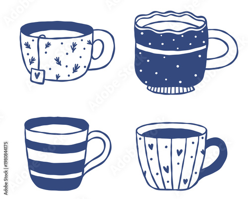 Set of hand drawn outline mugs with tea and coffee in cozy doodle style. Cute collection of cups with different patterns, perfect for cafe design, stickers, packaging, and hygge lifestyle concepts