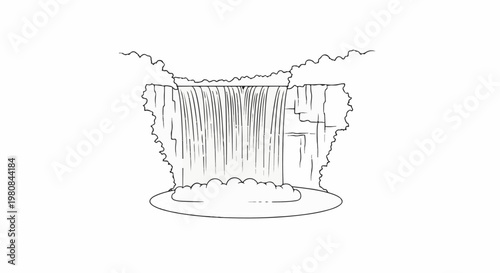 A stylized, black and white illustration of a waterfall cascading into a pool