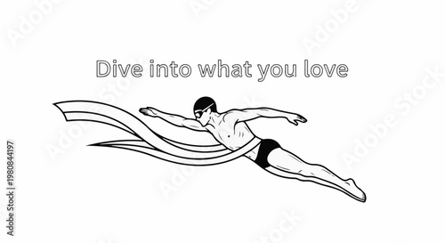 A stylized black and white illustration of a swimmer in mid-stroke, with text