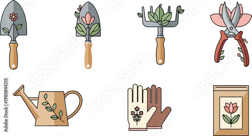 Collection of gardening tools and supplies featuring trowels rake pruners watering can gloves and seed packet with floral accents flat vector icons for spring or summer projects