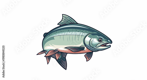 A stylized illustration of a large fish with teal and pink fins