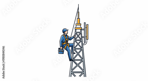 A worker climbs a cell tower, carrying tools, wearing a safety harness
