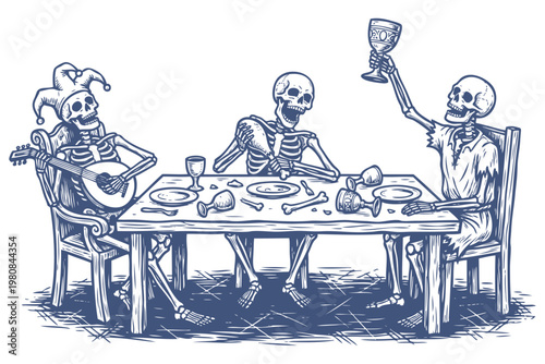 Vector illustration of three partying skeletons at a feast table, one playing lute and another raising a goblet. Dark humorous medieval celebration scene.