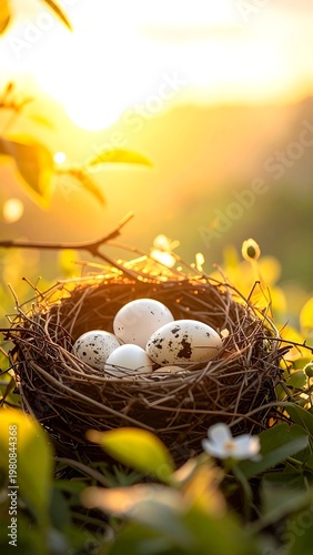 A serene bird's nest with eggs at sunrise