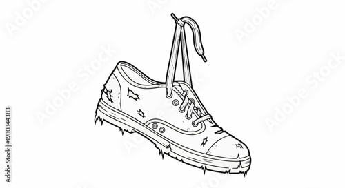 A worn-out, black and white cartoon sneaker hangs by its laces, tattered and torn