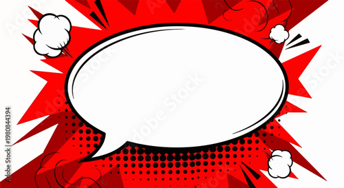 A white oval speech bubble on a dynamic red background with explosion graphics