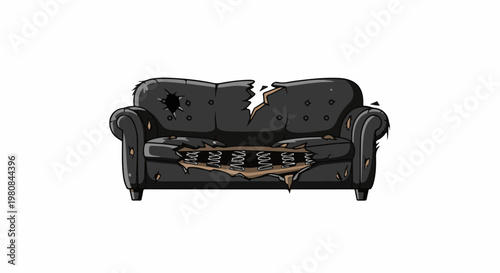 A worn-out, ripped black sofa with visible springs and stuffing