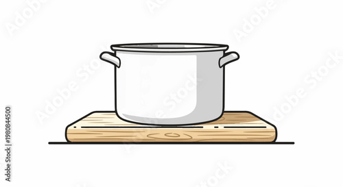 A white pot rests on a wooden cutting board against a white background