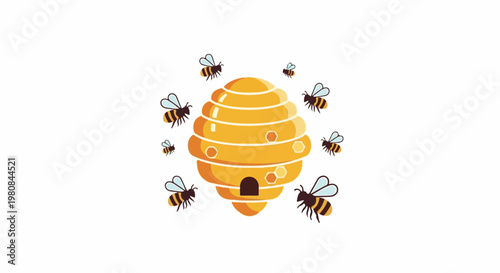 A yellow beehive with bees buzzing around it