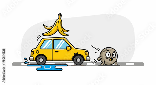 A yellow car slides on a banana peel near a startled, round creature