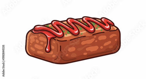 A stylized illustration of a meatloaf with ketchup and herbs