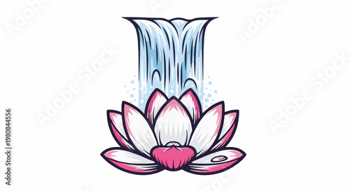 A stylized waterfall cascades onto a pink and white lotus flower with dew drops