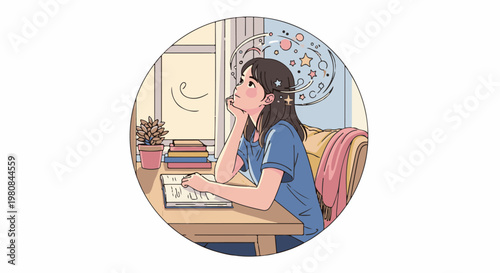 A young girl sits at a desk, lost in thought, with books and a plant