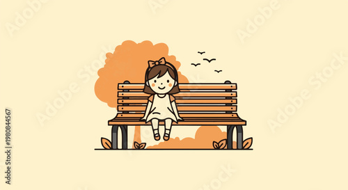 A young girl with a bow sits on a park bench under a tree