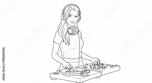 A young woman with headphones around her neck operates a DJ turntable