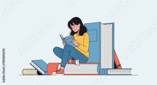 A young woman with dark hair sits cross-legged reading a book, surrounded by stacked books